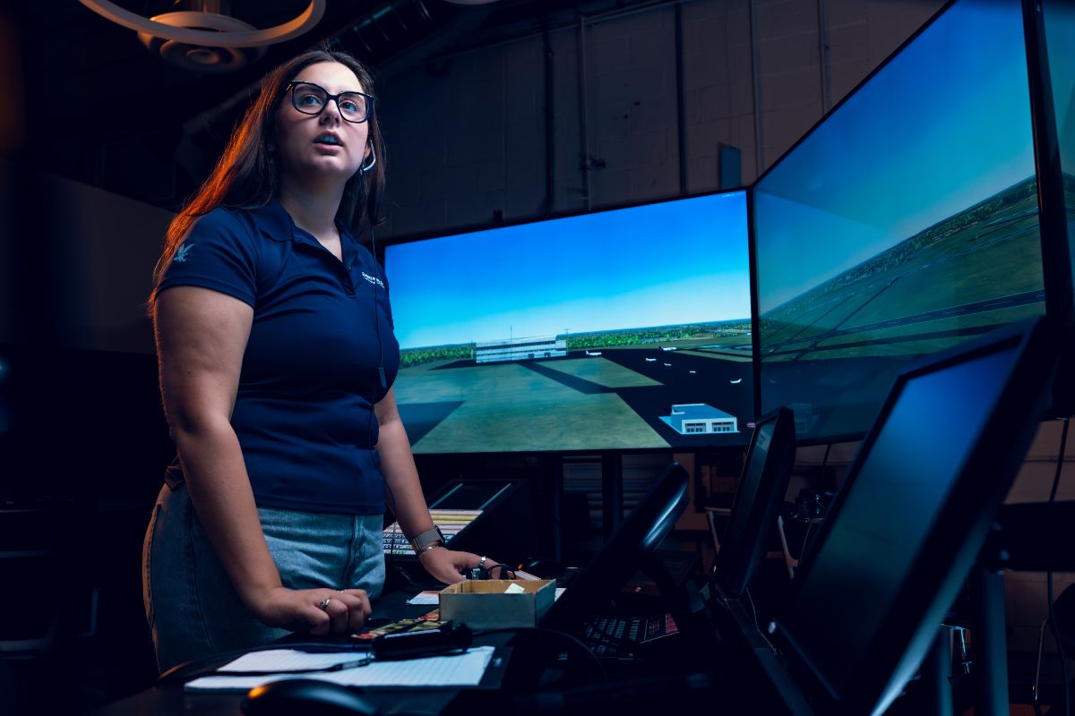 Embry-Riddle student Magdalena Kokenge performs an air traffic simulation exercise in the new Air Traffic Control Laboratory on the Prescott Campus. Graduates of the Air Traffic Management program can now be fast-tracked into towers for on-the-job training.